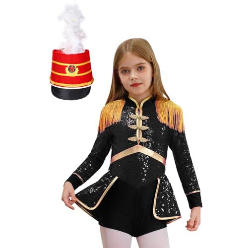 Agoky Mädchen Zirkus Kostüm Langarm Pailletten Kleid Ringmaster Uniform mit Royal Soldatin Hut Metallic Tanzkleid Halloween Cosplay Outfits Schwarzes BC 110-116 von Agoky