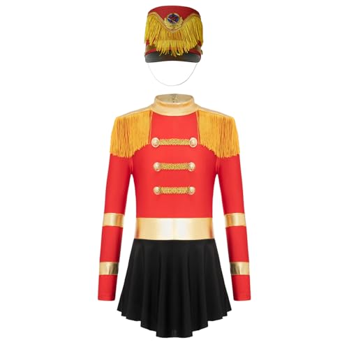 Agoky Mädchen Zirkus Kostüm Langarm Retro Kleid mit Soldaten Hut Halloween Weihnachten Fasching Cosplay Outfits Rot A 134-140 von Agoky