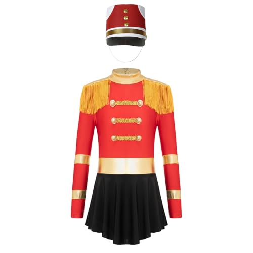 Agoky Mädchen Zirkus Kostüm Langarm Retro Kleid mit Soldaten Hut Halloween Weihnachten Fasching Cosplay Outfits Rot B 110-116 von Agoky