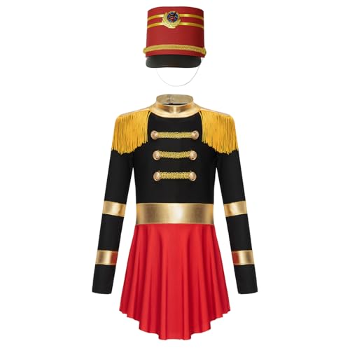 Agoky Mädchen Zirkus Kostüm Langarm Retro Kleid mit Soldaten Hut Halloween Weihnachten Fasching Cosplay Outfits Schwarz A 110-116 von Agoky