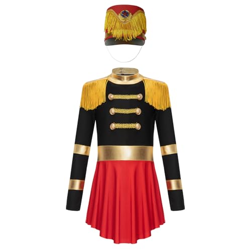 Agoky Mädchen Zirkus Kostüm Langarm Retro Kleid mit Soldaten Hut Halloween Weihnachten Fasching Cosplay Outfits Schwarz B 110-116 von Agoky