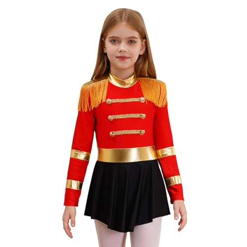 Agoky Mädchen Zirkusdirektor Kostüm Langarm Goldene Streifen Kleid mit Schulterstücke Fransen Militärische Uniform Fasching Karneval Outfits Rot 122-128 von Agoky