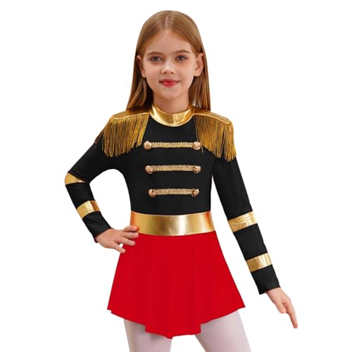 Agoky Mädchen Zirkusdirektor Kostüm Langarm Goldene Streifen Kleid mit Schulterstücke Fransen Militärische Uniform Fasching Karneval Outfits Schwarz 170 von Agoky