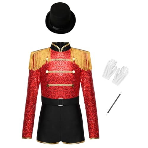 Agoky Mädchen Zirkusdirektor Kostüm Langarm Pailletten Body Leotard mit Bein + Fedora Hut + weiße Handschuhe + Zauberstab Zirkus Zauberer Cosplay Outfits Rot 134-140 von Agoky