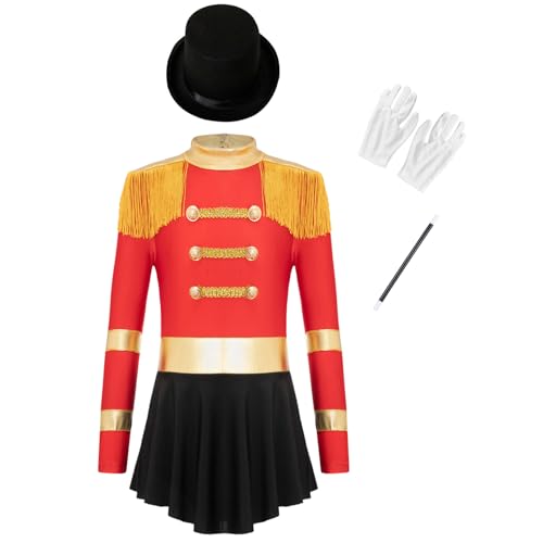 Agoky Mädchen Zirkusdirektor Kostüm Langarm Zirkus Kleid Partykleid mit Hut Handschuhe und Zauberstab Kinder Fasching Karneval Outfits Rot 170 von Agoky