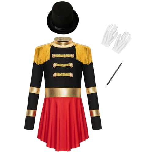 Agoky Mädchen Zirkusdirektor Kostüm Langarm Zirkus Kleid Partykleid mit Hut Handschuhe und Zauberstab Kinder Fasching Karneval Outfits Schwarz 170 von Agoky