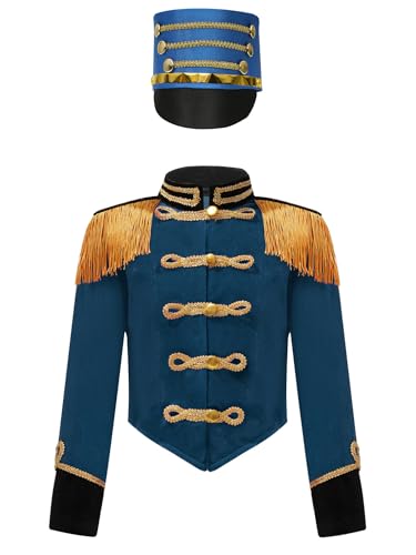 Agoky Mädchen Zirkusdirektor Showman Kostüm Anzug Jacke mit Fransen Schulterstücke + Soldaten Mütze für Musical Parade Frack Zirkus Uniform Pfau 158-164 von Agoky