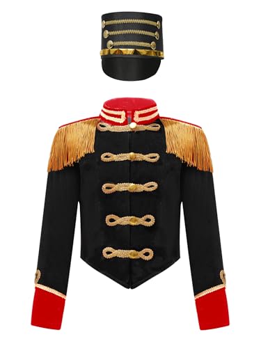 Agoky Mädchen Zirkusdirektor Showman Kostüm Anzug Jacke mit Fransen Schulterstücke + Soldaten Mütze für Musical Parade Frack Zirkus Uniform Schwarz 110-116 von Agoky