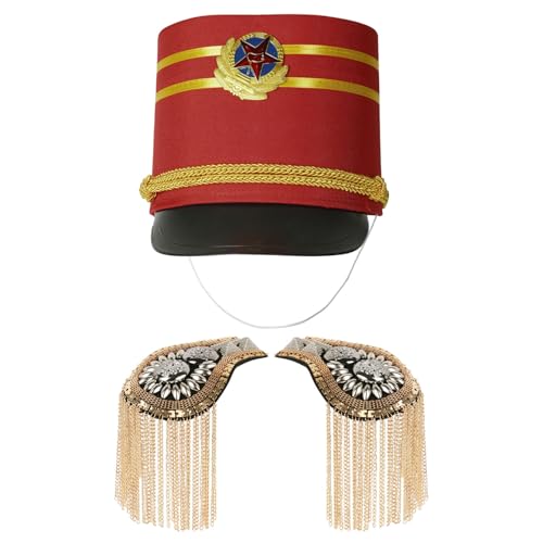 Agoky Majorette Drummer Hut Quaste Epauletten Set Marschieren Band Hut Marching Band-Hut Schulter Brosche Cosplay Halloween Kapitän Kostüm Accessoires Gold & Typ H One Size von Agoky