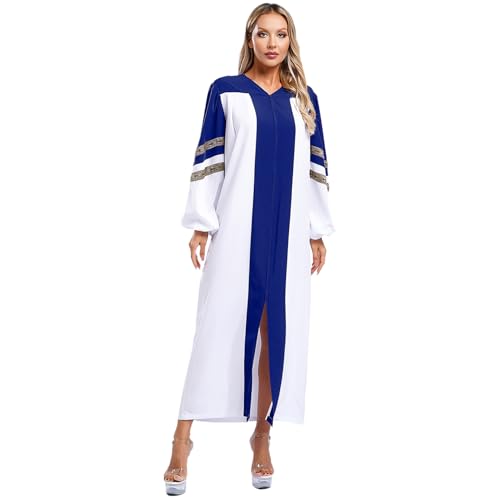 Agoky Unisex Chor Robe Damen Herren Halloween Cosplay Kostüm Langarm V-Ausschnitt Kleid Bestickte Streifen Farbblock Tunika mit Reißverschluss Locker Gewand Blau M von Agoky