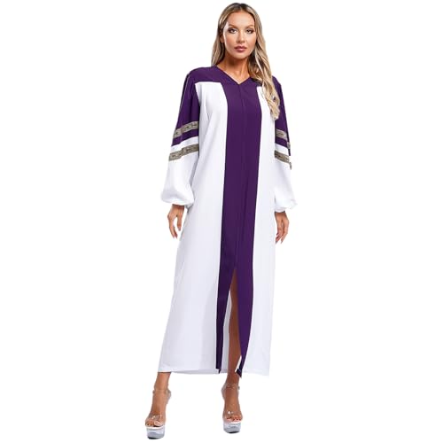 Agoky Unisex Chor Robe Damen Herren Halloween Cosplay Kostüm Langarm V-Ausschnitt Kleid Bestickte Streifen Farbblock Tunika mit Reißverschluss Locker Gewand Violett XL von Agoky