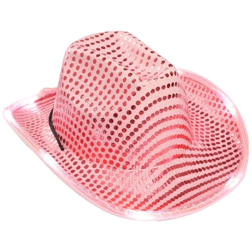 Agoky Unisex Glitzernde Pailletten Cowboyhut LED Jazz Hut Breite Krempe Cowgirlhut Shiny Disco Hut Halloween Junggesellinnenabschied Rosa Einheitsgröße von Agoky