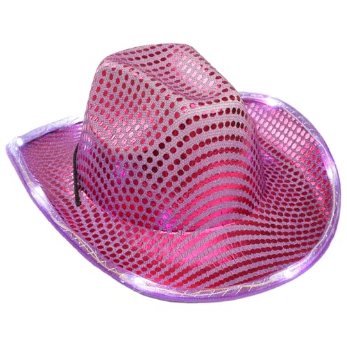 Agoky Unisex Glitzernde Pailletten Cowboyhut LED Jazz Hut Breite Krempe Cowgirlhut Shiny Disco Hut Halloween Junggesellinnenabschied Violett Einheitsgröße von Agoky