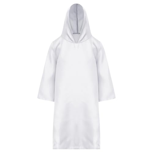 Agoky Unisex Kinder Hooded Tunika Kleid Mittelalterlicher Ritter Robe Mädchen Jungen Vampir Zauberer Cosplay Outfits Weiß 116-122 von Agoky