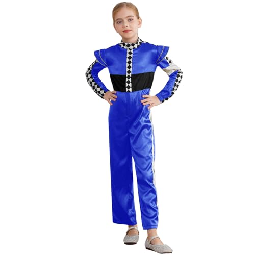 Agoky Unisex Kinder Racer Cosplay Kostüm Schachbrett Muster Farbblock Jumpsuit Overall Ganzkörper Kinderbekleidung Romper Playsuit Königsblau 110-116 von Agoky