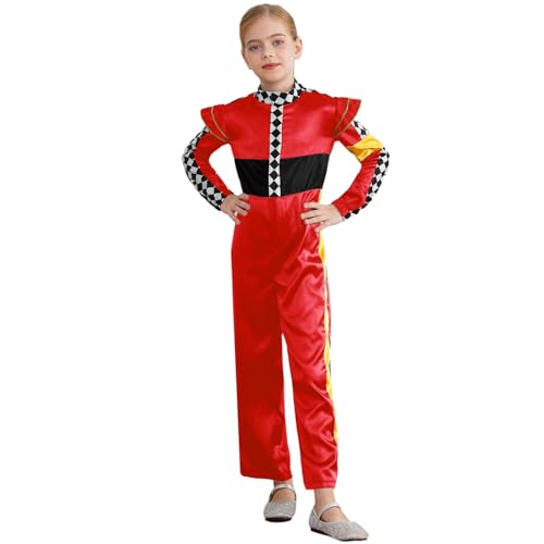 Agoky Unisex Kinder Racer Cosplay Kostüm Schachbrett Muster Farbblock Jumpsuit Overall Ganzkörper Kinderbekleidung Romper Playsuit Rot 110-116 von Agoky