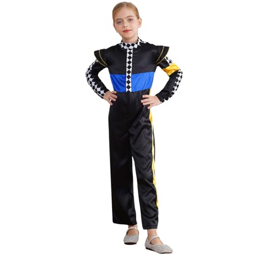 Agoky Unisex Kinder Racer Cosplay Kostüm Schachbrett Muster Farbblock Jumpsuit Overall Ganzkörper Kinderbekleidung Romper Playsuit Schwarz 110-116 von Agoky