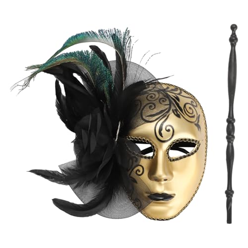 Agoky Venezianische Maske mit Stab Feder Mesh Dekoriert Gesichtsmasken Vintage Maskerade Maske Karneval Mottoparty Cosplay Gold One Size von Agoky