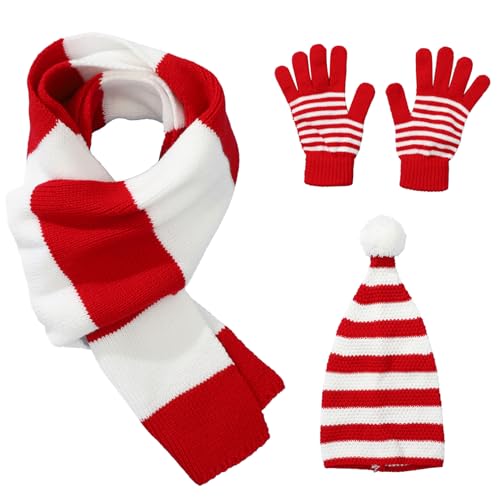 Agoky Weihnachten Kostüm Accessoires Gestrickte Weihnachten Beanies Hut Rot Schal Handschuhe Erwachsene Weihnachten Neujahr Party Geschenk Typ C One Size von Agoky