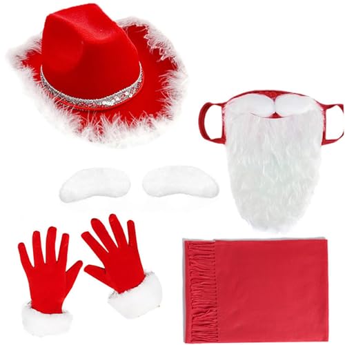 Agoky Weihnachten Kostüme Accessoires Set Weihnachten Cowboyhut Rot Schal Handschuhe Fake Bart Augenbrauen Weihnachten Maskerade Cosplay Zubehör Typ F One Size von Agoky