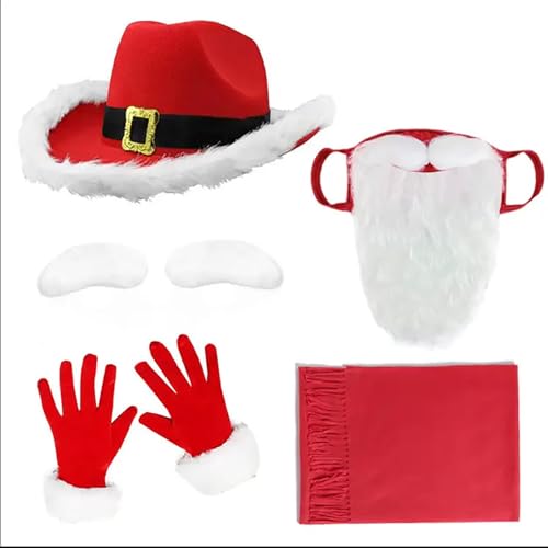 Agoky Weihnachten Kostüme Accessoires Set Weihnachten Cowboyhut Rot Schal Handschuhe Fake Bart Augenbrauen Weihnachten Maskerade Cosplay Zubehör Typ G One Size von Agoky