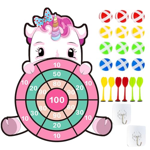 AhLmA Unicorn Dartscheibe Einhorn Spiel Dartscheibe mit 12 Klebrigen Bällen Darts Oster Kinder Deko Drinnen und Draußen Dart Wurfspiel Set für Kinder Groß und Klei Lustige Partygeschenke von AhLmA