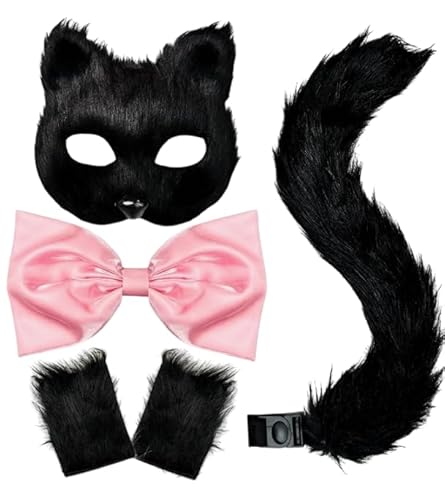 AhhiAboo 4 Stück Fuchsschwanz Maske Handschuhe und Fliege Set - Pelzige Katze Maske Fuchsschwanz und Rosa Schleife für Erwachsene - Cosplay Kostüm für Halloween Kostüm Faschingsparty von AhhiAboo