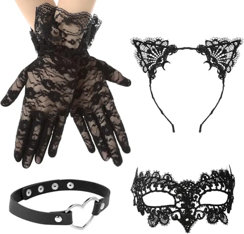 AhhiAboo 4 Stück Spitzenkostüm Set - Schwarze Katzenohren Stirnband, Maske, Handschuhe und Halskette für Frauen - Kostümzubehör für Fasching Cosplay von AhhiAboo