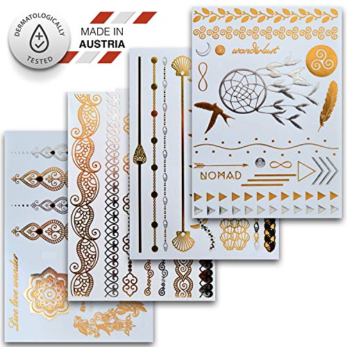 Temporäre Metallic Klebe-Tattoos, versch. Sets Dermatologisch getestet & Made in EU (4er Set mit 46 Motiven) von Ahimsa Glow