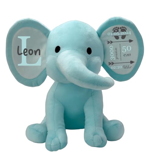 Ahoiikids Personalisierter Baby-Elefant Plüsch – Geburtsgeschenk in Hellblau mit Name, Datum, Größe & Gewicht – Kuscheltier für Neugeborene von Ahoiikids