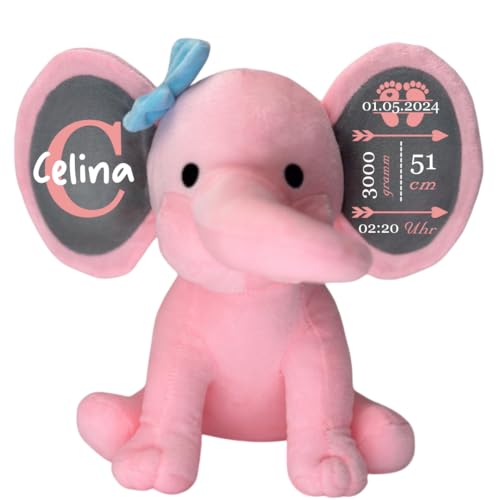 Ahoiikids Personalisierter Baby-Elefant Plüsch – Geburtsgeschenk in Rosa mit Name, Datum, Größe & Gewicht – Kuscheltier für Neugeborene von Ahoiikids