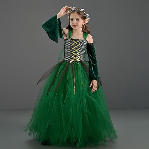 Ahuuen Elfen Fee Kostüm | Mesh Tüll Kleid Set | Wald Themenset | Feen Prinzessin Kleid | Halloween-Elfen-Fee-Kostüm | Grünes Netz Tüllkleid Für Mädchen | Halloween Karneval Kostüm von Ahuuen