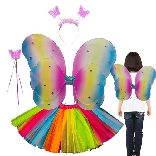 Ahuuen Feenkostümset, Prinzessin Feenkleid - Kinderprinzessin Kostüm Set,Dress -up -Outfit mit LED -Flügeln, Tutu -Rock, Stirnband, Zauberstab, Cosplay -Accessoires für Halloween Holiday von Ahuuen