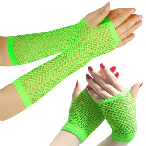 Netzhandschuhe,Fingerlose Netzhandschuhe, Karneval Kostüm Damen Elastische Neon Beinstulpen und Netzhandschuhe Set , 80er-Jahre-Partykostüm, Hochzeitsabend, Party-Accessoires (Grasgrün) von AiQiMinHao