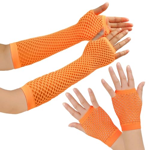 Netzhandschuhe,Fingerlose Netzhandschuhe, Karneval Kostüm Damen Elastische Neon Beinstulpen und Netzhandschuhe Set , 80er-Jahre-Partykostüm, Hochzeitsabend, Party-Accessoires (Orange) von AiQiMinHao