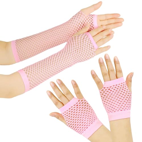 Netzhandschuhe,Fingerlose Netzhandschuhe, Karneval Kostüm Damen Elastische Neon Beinstulpen und Netzhandschuhe Set , 80er-Jahre-Partykostüm, Hochzeitsabend, Party-Accessoires (Rosa) von AiQiMinHao