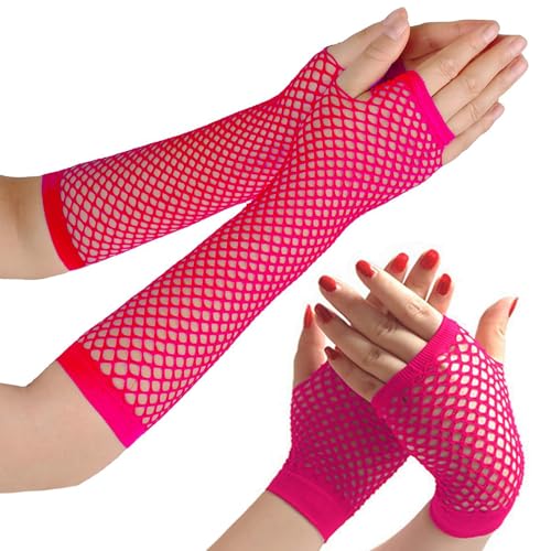 Netzhandschuhe,Fingerlose Netzhandschuhe, Karneval Kostüm Damen Elastische Neon Beinstulpen und Netzhandschuhe Set , 80er-Jahre-Partykostüm, Hochzeitsabend, Party-Accessoires (Rosenrot) von AiQiMinHao