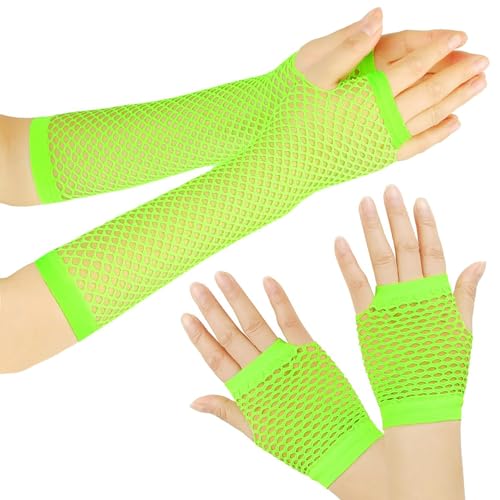 Netzhandschuhe,Fingerlose Netzhandschuhe, Karneval Kostüm Damen Elastische Neon Beinstulpen und Netzhandschuhe Set , 80er-Jahre-Partykostüm, Hochzeitsabend, Party-Accessoires (Silbergrün) von AiQiMinHao