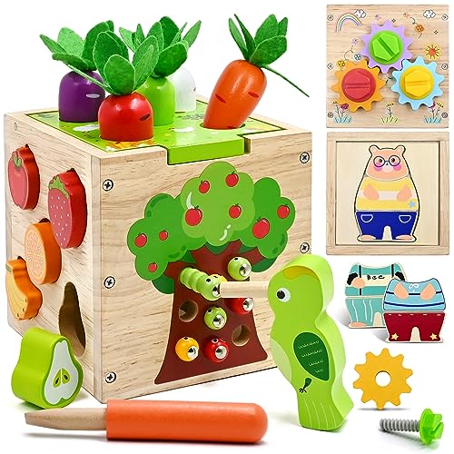 AiTuiTui Motorikwürfel 5 in 1 Aktivitätswürfel Spielzeug ab 1 2 3 4 Jahr Geschenk, 49 Pcs Montessori Lernspielzeug Steckwürfel Holzspielzeug für Kinder, Activity Center Baby ab 18 Monaten von AiTuiTui