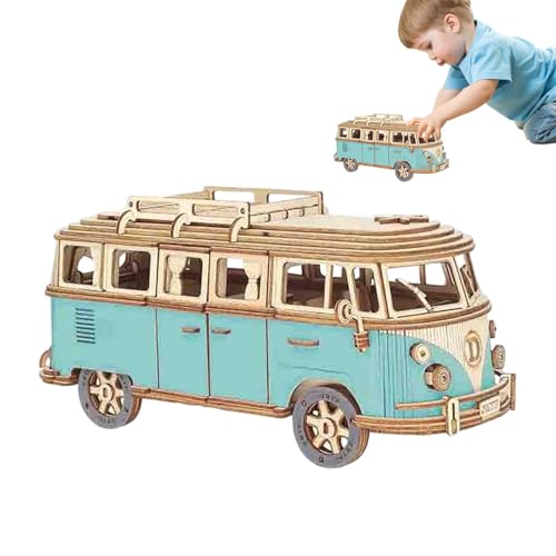 3D Bus Puzzle Aus Holz – 3D Bus Puzzle Set | Lustige 3D Holzpuzzles, Tourbus Modell, Spielzeugbausatz | Holzbastel Tourbus Puzzle Bausatz Für Kinder Und Erwachsene (blau) von Aibyks