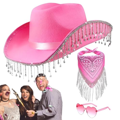 Aibyks Cowgirl-Hut für Party, Strass-Quasten-Cowboyhut - 3-teiliges Set Cowgirl-Hut für Bachelorette-Party-Kostüme - Western-Cowboyhut mit Herzbrille, Cowgirl-Schal von Aibyks