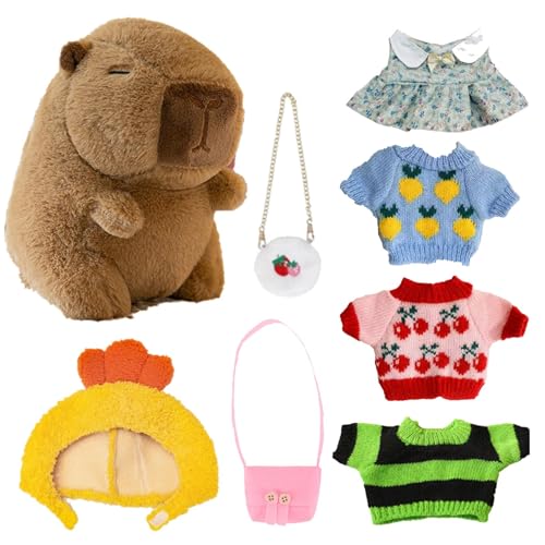 Aibyks Dress Up Capybara Plush – Niedliche Capybara Plüschtiere Mit 7 Kleidungsstücken Und Accessoires | 25 cm Lustiges Capybara Stofftier | Weiche Bezaubernde Capybara Plüschpuppe Für Kinder (A) von Aibyks