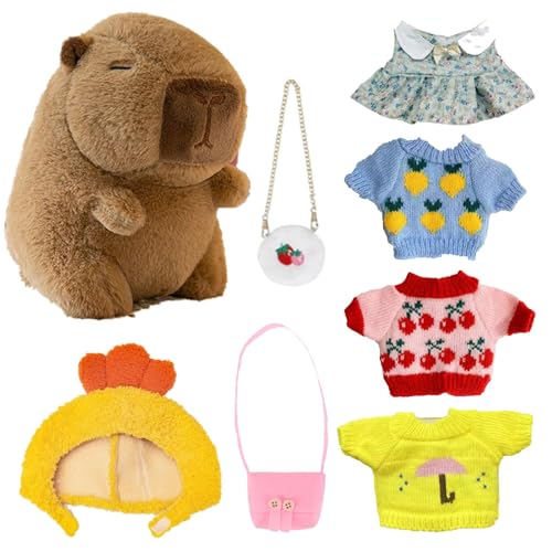 Aibyks Dress Up Capybara Plush – Niedliche Capybara Plüschtiere Mit 7 Kleidungsstücken Und Accessoires | 25 cm Lustiges Capybara Stofftier | Weiche Entzückende Capybara Plüschpuppe Für Kinder (B) von Aibyks