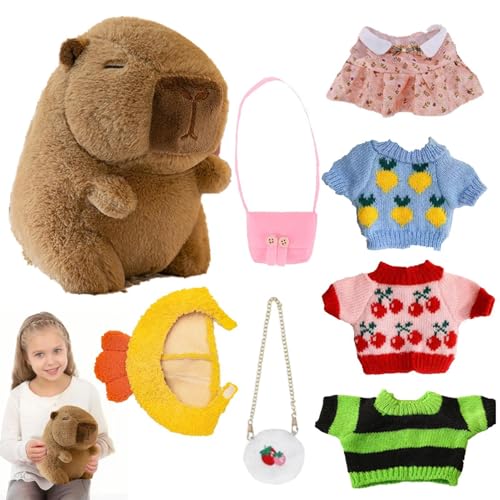 Aibyks Dress Up Capybara Plush – Niedliche Capybara Plüschtiere Mit 7 Kleidungsstücken Und Accessoires | 25 cm Lustiges Capybara Stofftier | Weiche Entzückende Capybara Plüschpuppe Für Kinder (C) von Aibyks