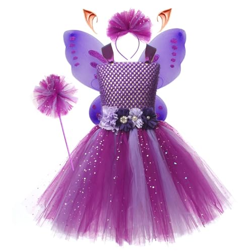 Aibyks Feenprinzessin-Kostümset, Feenkostümkleid für Mädchen - Elastisches 5-teiliges Set zum Anziehen und Spielen von Feenkostümen - Bezauberndes Feenkostüm mit Stirnband, Schmetterlingsfeenflügel von Aibyks