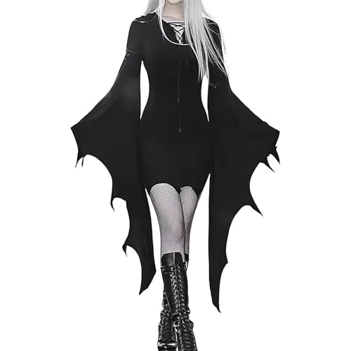 Aibyks Halloween-Kleid mit Fledermausärmeln, Fledermauskleid für Damen,Halloween Fledermaus Kostüm Kleidung | Modisches Gothic-Kleid mit Fledermausärmeln für Damen, süßes Halloween-Partykleid von Aibyks