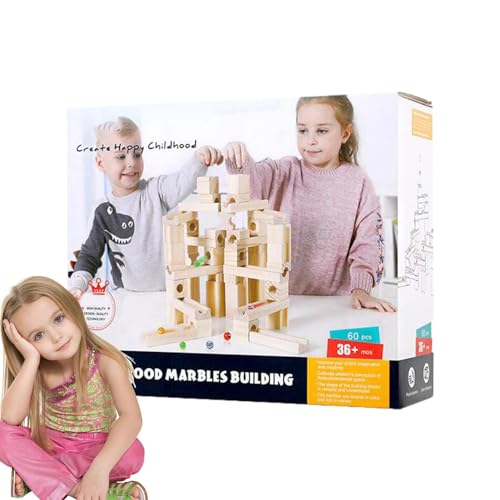 Aibyks Holz-Marmor-Rennstrecke, Holz-Marmor-Labyrinthbahn - 60 Kugeln Holzbausteine ​​Spielzeug - Einfach zu verwendendes einzigartiges Holz-Marmor-Rennen STEM-Lernspielzeug für Kinder von Aibyks