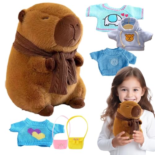 Aibyks Niedliches Capybara Plüschtier – 23 cm Dress Up Capybara Stofftier | Cartoon Capybara Plüschpuppe Mit 6 Kleidungsstücken Und Accessoires | Capybara Plüschfigur Spielzeug Für Kinder (A) von Aibyks