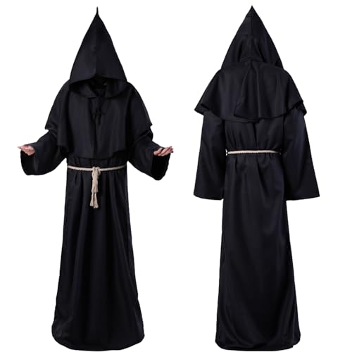 Aicerous® Mönch Robe Priester Kostüm Mittelalter Umhang Mittelalterliche Renaissance Robe mit Kapuze Kordel Kreuz-Halskette fur Halloween Cosplay Karneval Maskerade Unisex (Kind-XL) von Aicerous