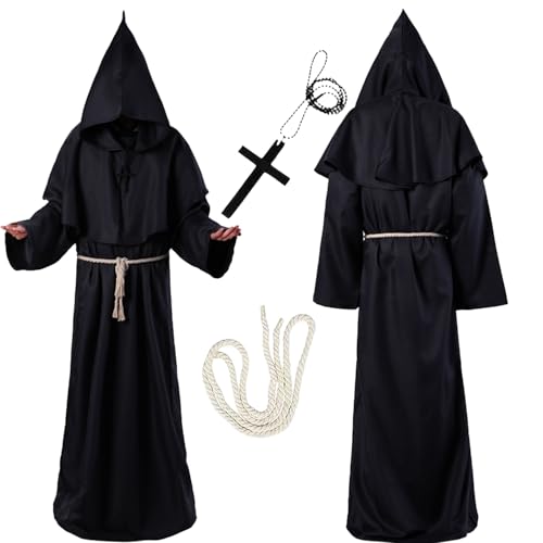 Aicerous® Mönch Robe Priester Kostüm Mittelalter Umhang Mittelalterliche Renaissance Robe mit Kapuze Kordel Kreuz-Halskette fur Halloween Cosplay Karneval Maskerade Unisex (M) von Aicerous